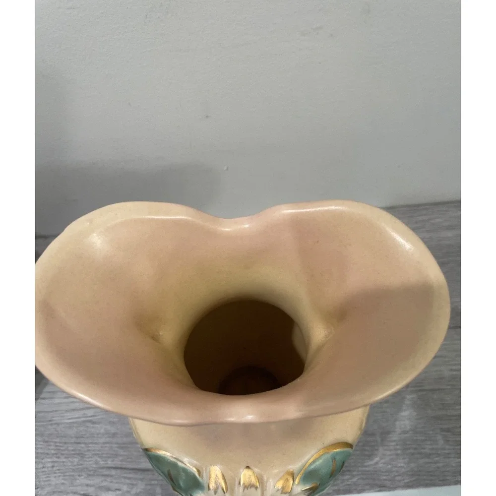 Vintage Hull Art Pottery Magnolia Vase L-11-9 1/2 Pink Gold Handles USA 10 Inch‎